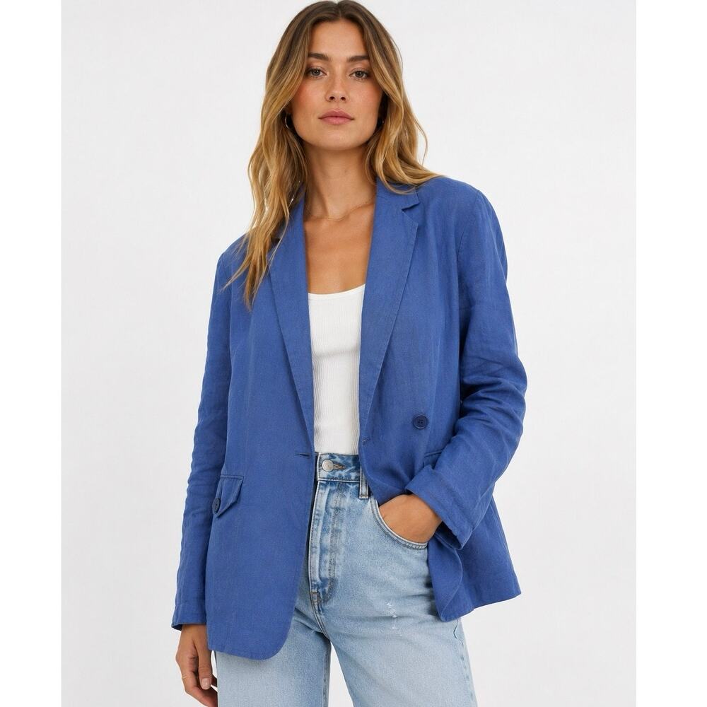 Madewell Blue Linen XS Double-Breasted Oversized Blazer Jacket